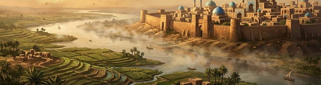 شهری کنار رود در دشتی سرسبز، زیر آسمان سحرگاهی